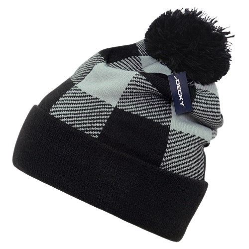 Lot of 12 Decky Buffalo Plaid Pom Beanies Knit Caps Red Plaid Buffalo Check Bulk