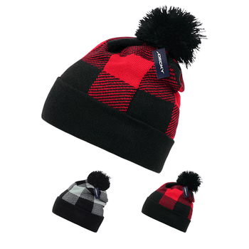 Lot of 6 Decky Buffalo Plaid Pom Beanies Knit Caps Red Plaid Buffalo Check Bulk