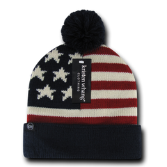 US Flag Knit Beanie, USA American Flag Knit Cap with Pom Pom - 