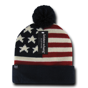 US Flag Knit Beanie, USA American Flag Knit Cap with Pom Pom - 