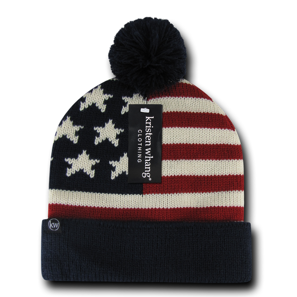 US Flag Knit Beanie, USA American Flag Knit Cap with Pom Pom