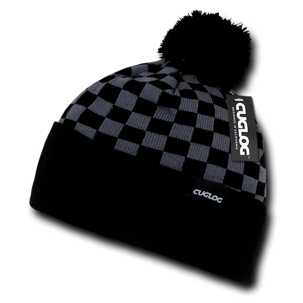 Changbai Checker Beanie, Plaid Knit Cap, Soft Cuff Beanie with Pom Pom - Cuglog K019