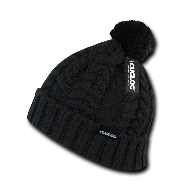 Vesuvius Beanie, Knit Cap, Thick Cable Knit Cuff Beanie with Pom Pom - Cuglog K031