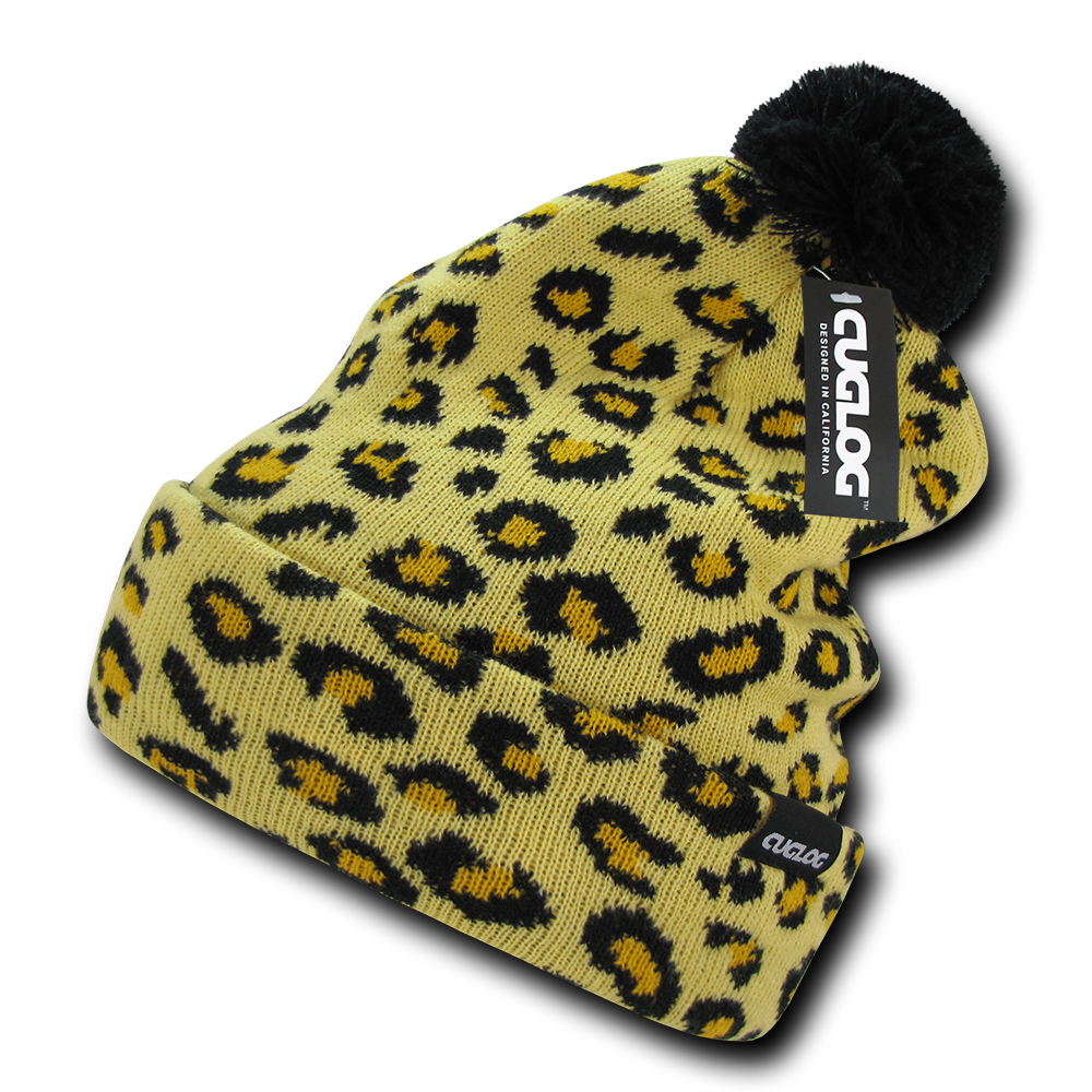 Pom Beanie Leopard Print Knit Hat Animal Print Fur Pom CC Beanie