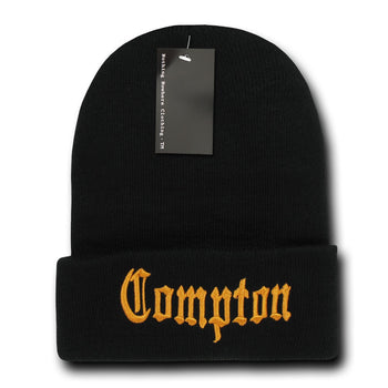 Compton City Beanie Knit Cap, Black/Orange