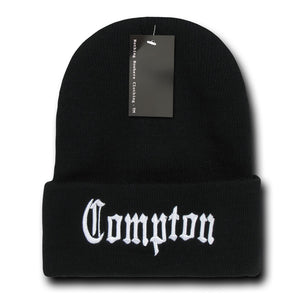 Compton City Beanie Knit Cap, Black/White - 