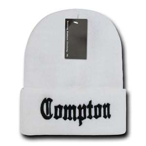 Compton City Beanie Knit Cap, White/Black - 
