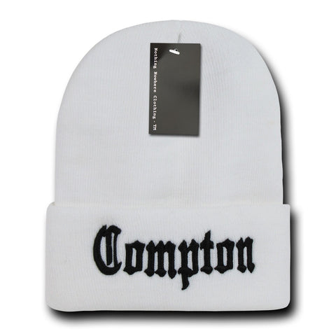 Compton City Beanie Knit Cap, White/Black