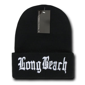 Long Beach City Beanie Knit Cap, Black/White - 