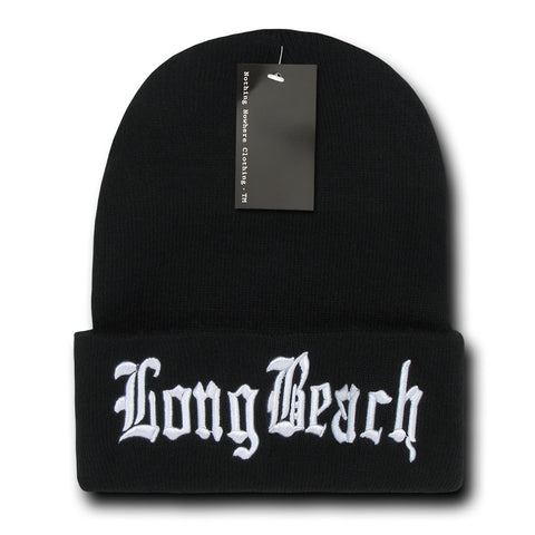 Long Beach City Beanie Knit Cap, Black/White