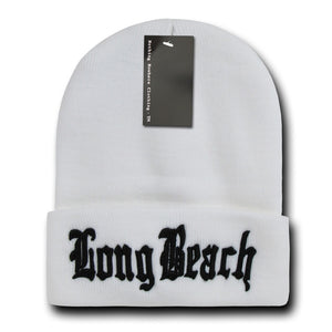 Long Beach City Beanie Knit Cap, White/Black - 