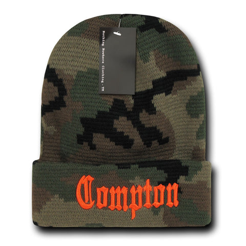 Compton City Beanie Knit Cap, Camo/Orange