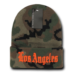 Los Angeles LA City Beanie Knit Cap, Camo/Orange - 