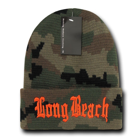 Long Beach City Beanie Knit Cap, Camo/Orange