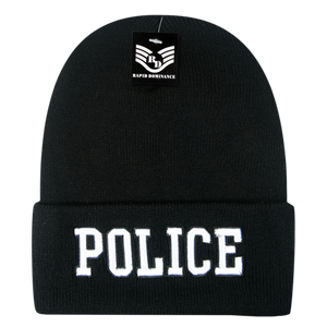 Police Law Enforcement Knit Beanie Cap - R81 - White Text - 