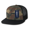 Wholesale Bulk Blank Camo Snapback Trucker Mesh Flat Bill Hats - Decky 1055 - Black/Woodland Camo/Black
