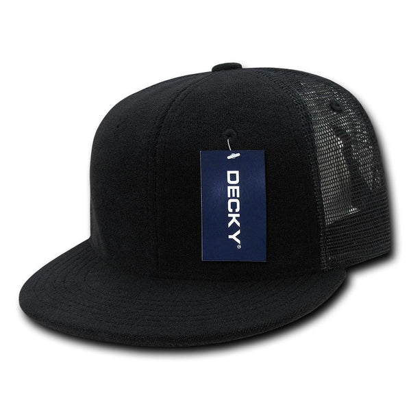 Wholesale Bulk Blank Terry Trucker Flat Bill Snapback Hats - Decky 1081 - Black