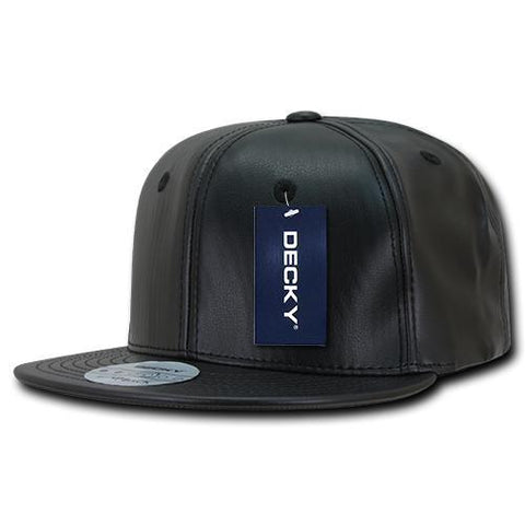 Decky 1103 - Faux Leather Snapback Hat, 6 Panel Flat Bill Cap - CASE Pricing