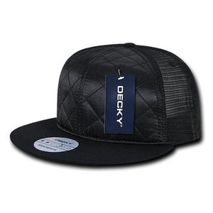 Decky 1141 - Quilted Flat Bill Trucker Cap, 6 Panel Snapback Hat - 