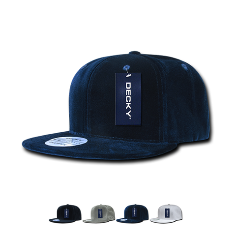 Decky 1097 - Velvet Snapback Hat, 6 Panel Velvet Flat Bill Cap - CASE Pricing